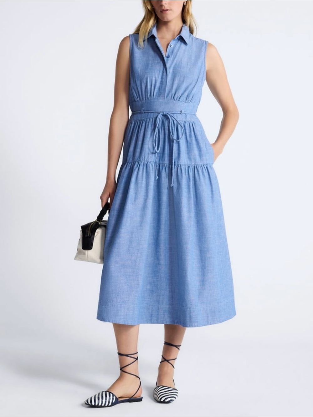 Free Assembly Chambray Sleeveless Light Blue Tie-Waist Midi Dress Size M